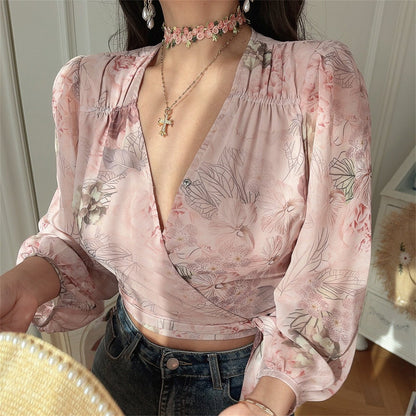 Retro V-Neck Lantern Sleeve Tie-Up Floral Shirt