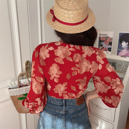 Retro V-Neck Lantern Sleeve Tie-Up Floral Shirt