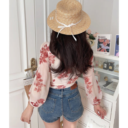 Retro V-Neck Lantern Sleeve Tie-Up Floral Shirt