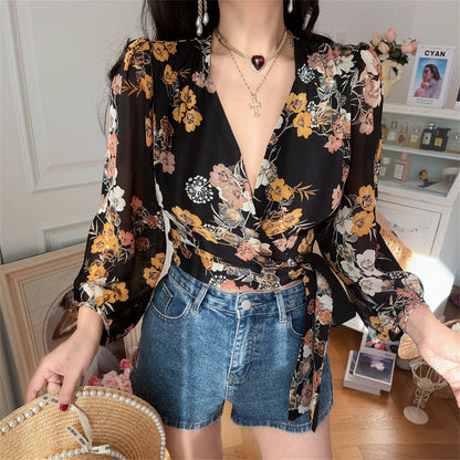 Retro V-Neck Lantern Sleeve Tie-Up Floral Shirt